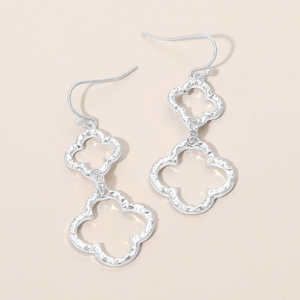 Textured Metal Open Quatrefoil Stone Pave Link Drop Earrings