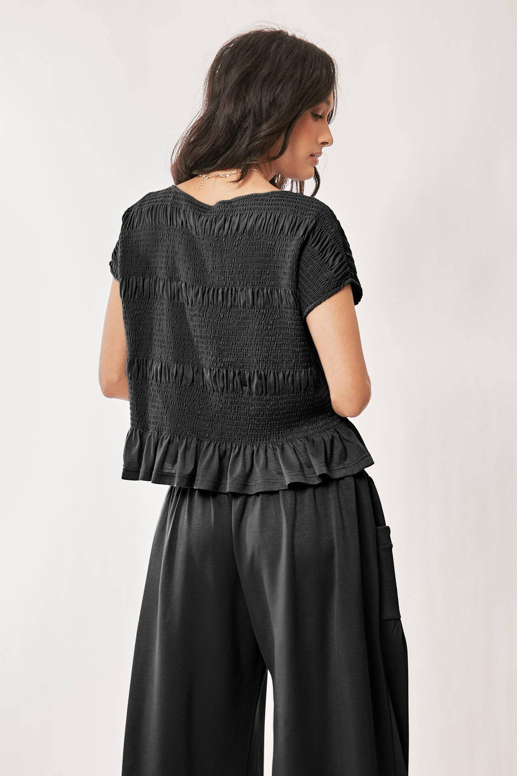 DETP40227-UFFLE CAP SLEEVE TOP AND WAISTBAND PANTS SET