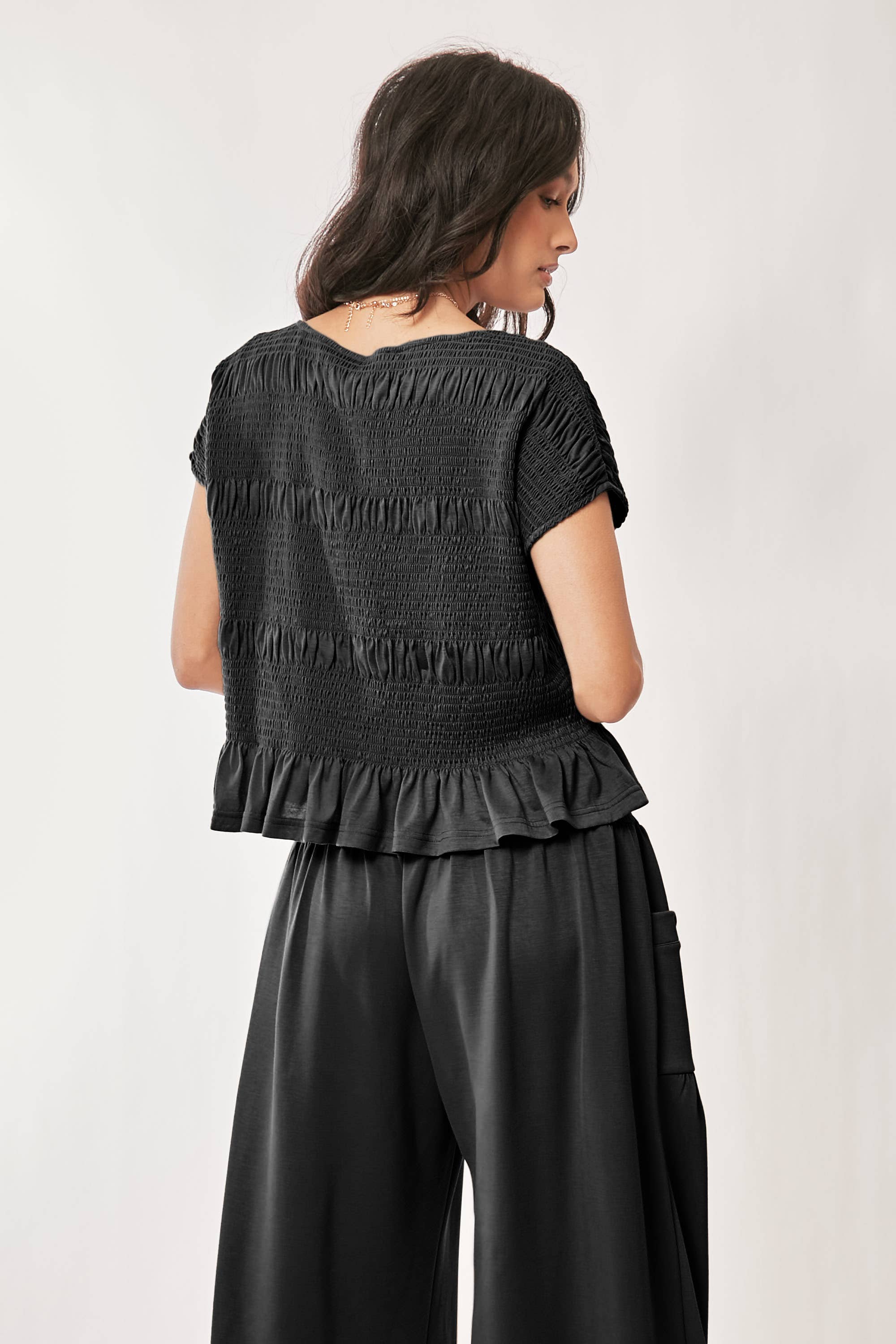 DETP40227-UFFLE CAP SLEEVE TOP AND WAISTBAND PANTS SET