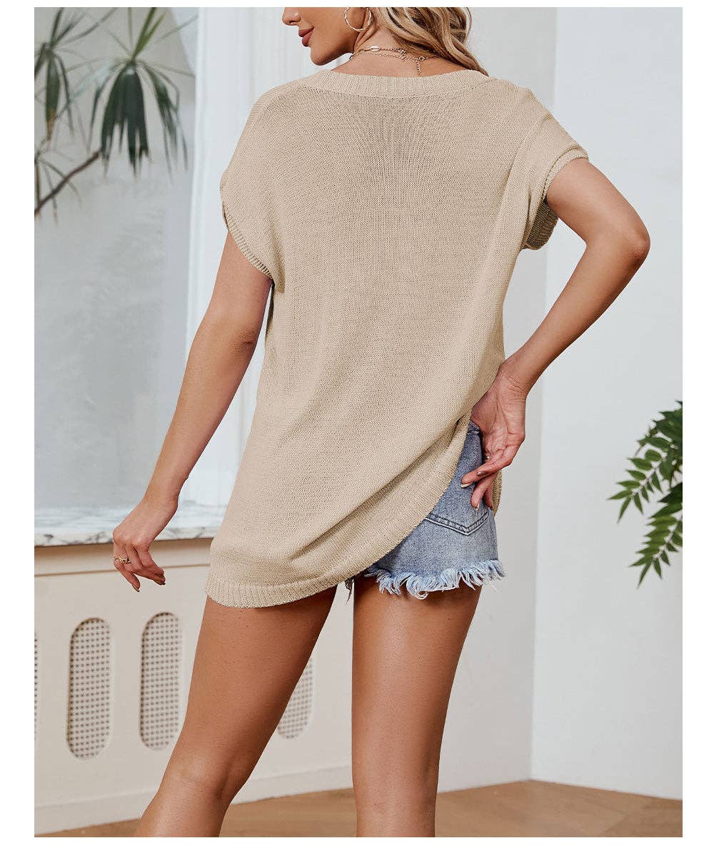 Color Block V Neck Loose Knit Tee Casual Summer Top