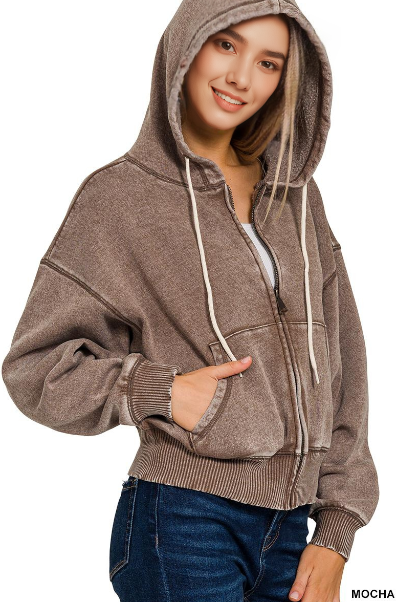 Acid Wash Fleece Cropped Zip Up Hoodie - Zenana