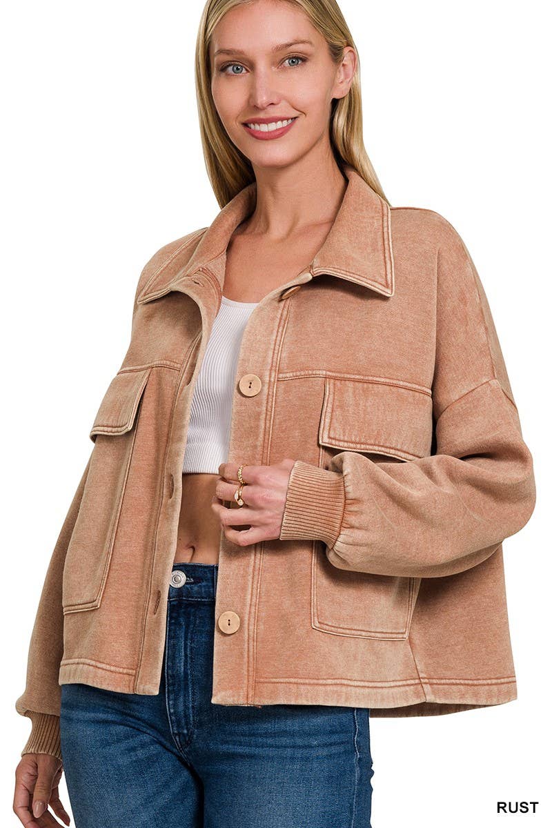 Acid Washed Fleece Front Pocket Cropped Shacket