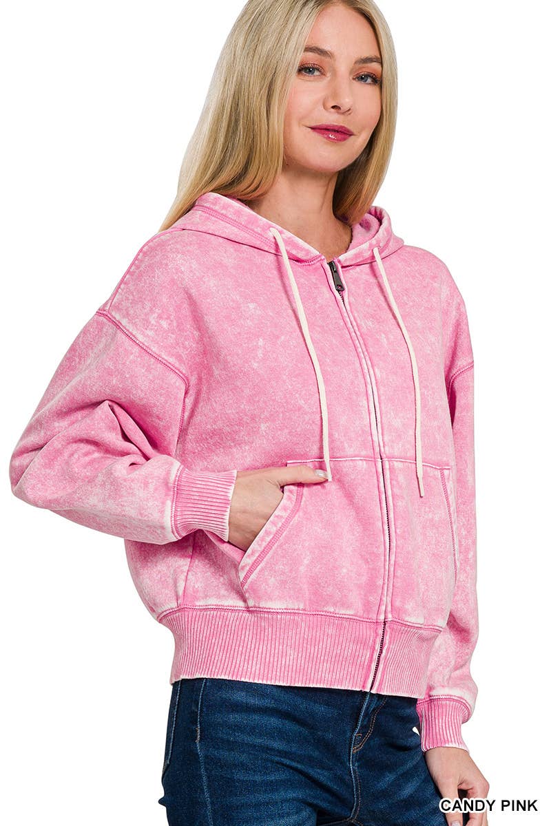 Acid Wash Fleece Cropped Zip Up Hoodie - Zenana