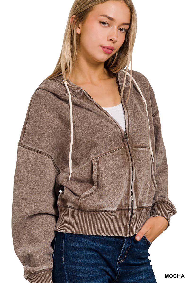 `Acid Wash Fleece Cropped Zip Up Hoodie - Zenana