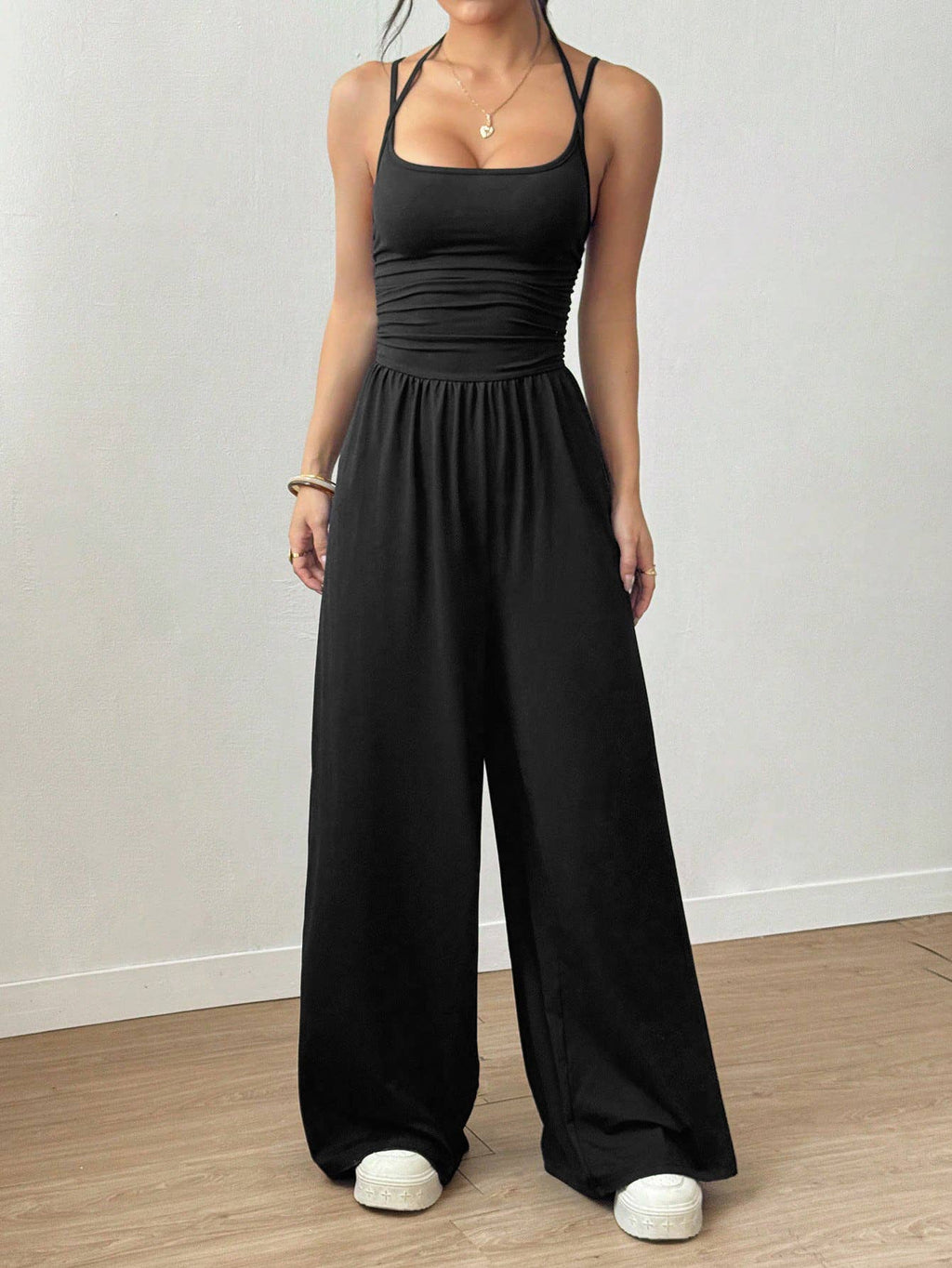 Casual wrap chest wide leg loose jumpsuit