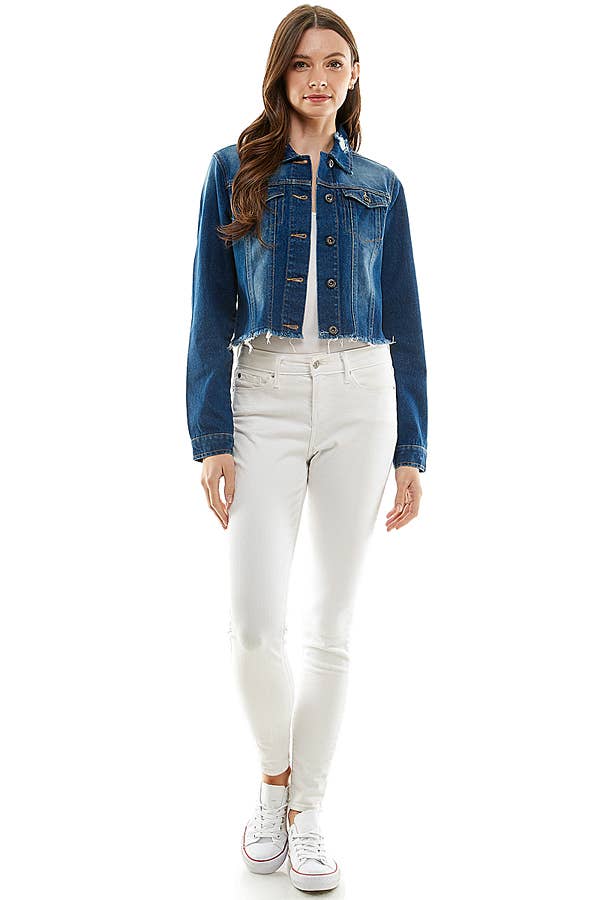 Ladies'  Cropcut Denim Jacket with Distressed, JK-4010