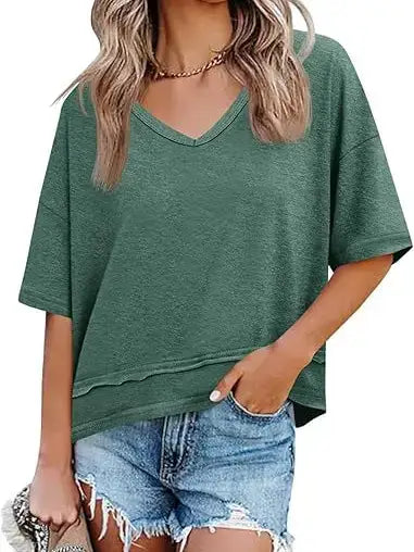 Loose Fit V Neck Short Sleeve Casual Tee