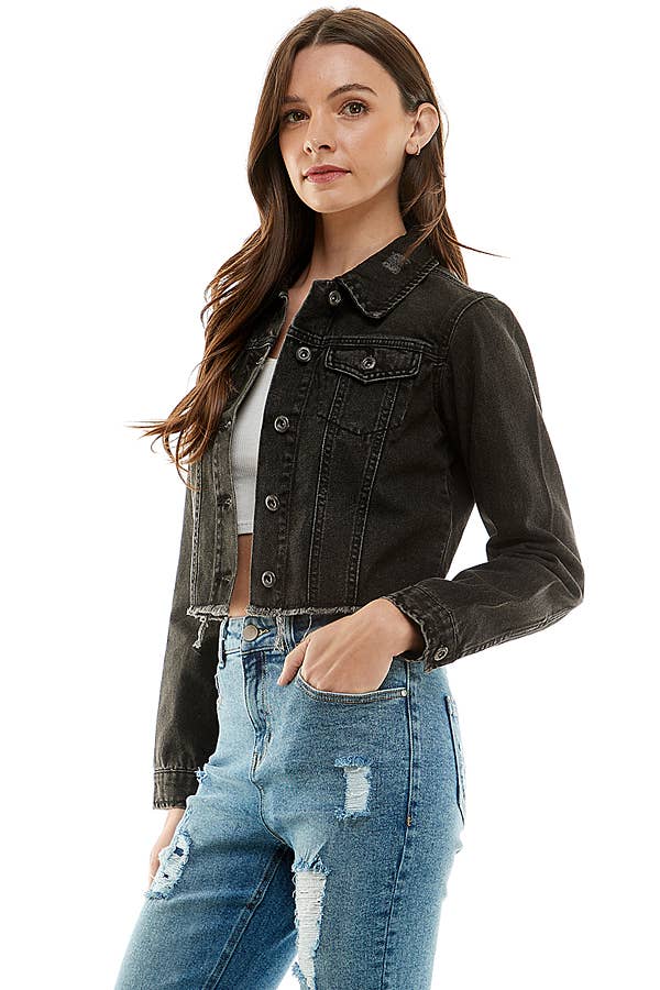 Ladies'  Cropcut Denim Jacket with Distressed, JK-4010