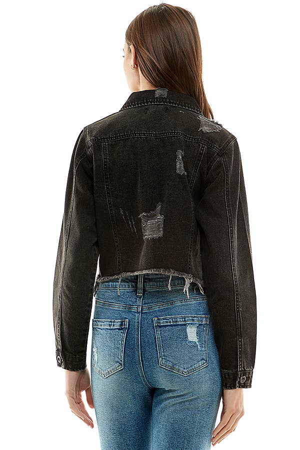 Ladies'  Cropcut Denim Jacket with Distressed, JK-4010