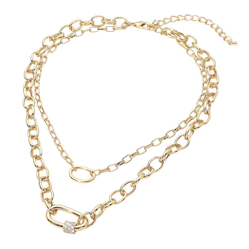 CZ Pave Carabiner Pendant Accent Chunky Layered Chain Necklace