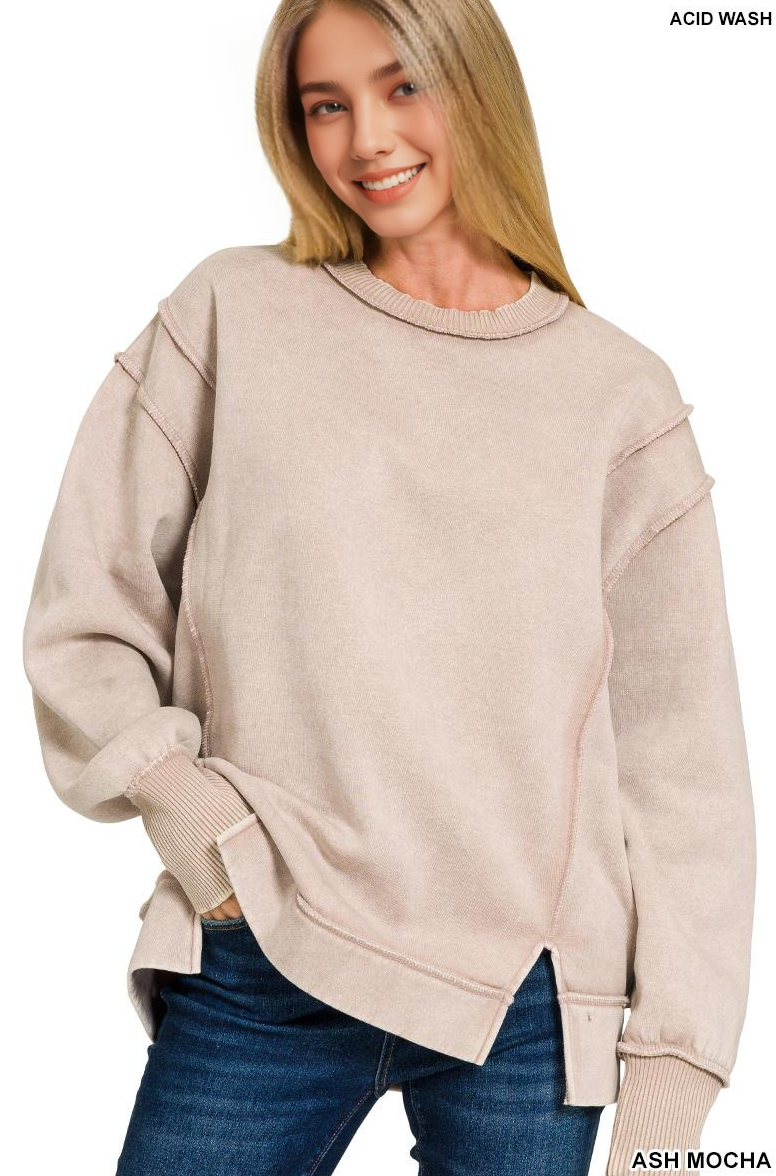 `Washed Slit hem Fleece Sweatshirt SI-26719 Zenana