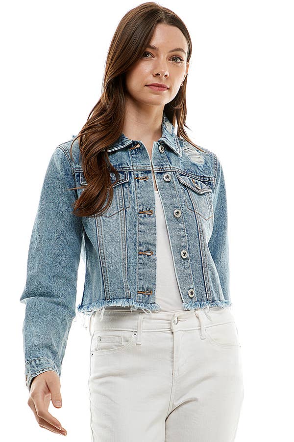 Ladies'  Cropcut Denim Jacket with Distressed, JK-4010