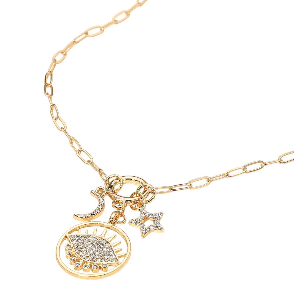 Stone Paved Moon and Star Evil Eye Celestial Charm Pendant Necklace