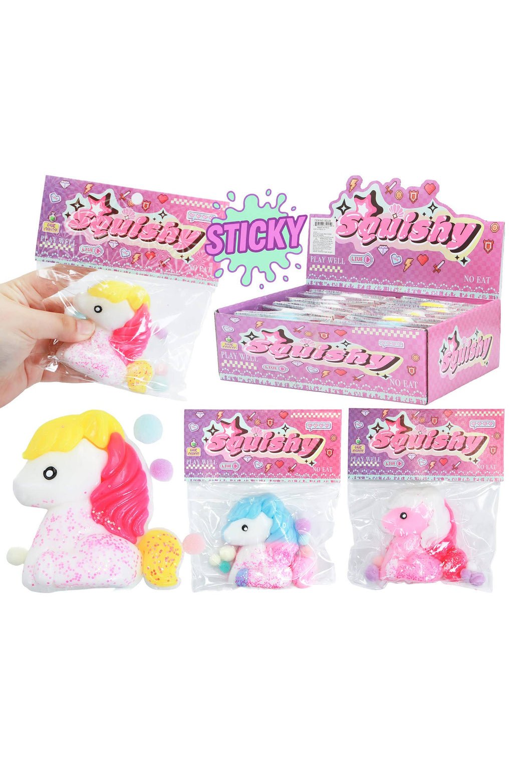 Pastel Unicorn Glittery Sticky Mochi Pom Pom Squishy Bag