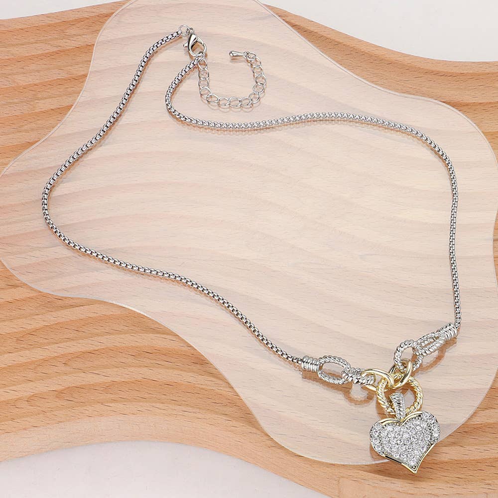 14K Gold Plated Two Tone CZ Stone Paved Heart Necklace
