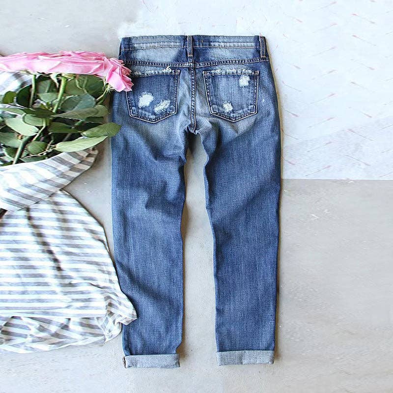 Women’s Game Day Ripped Straight Leg Jeans Casual Streetwear