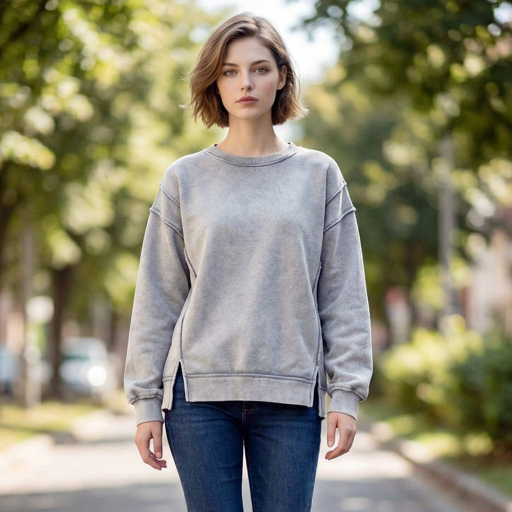 `Washed Slit hem Fleece Sweatshirt SI-26719 Zenana