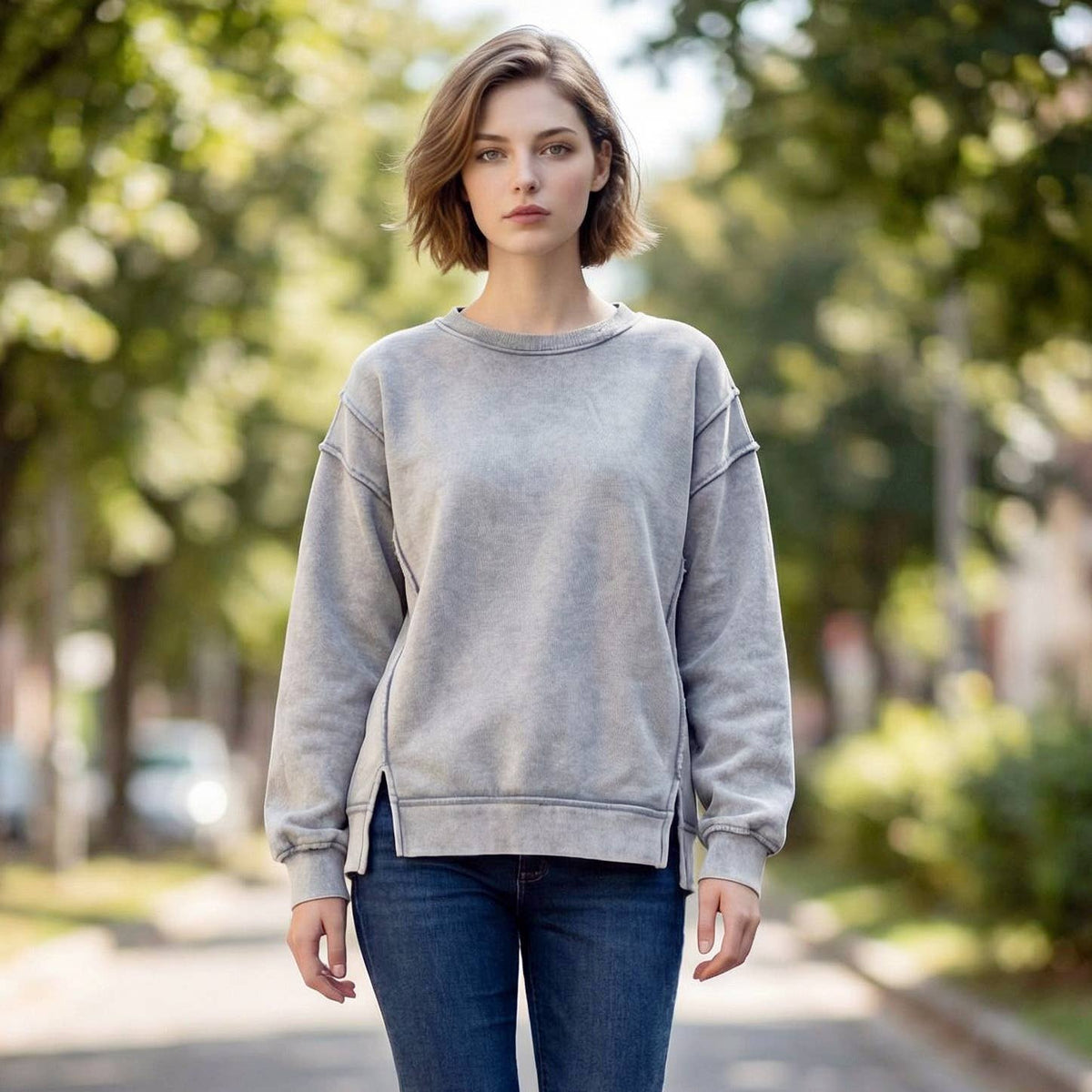 `Washed Slit hem Fleece Sweatshirt SI-26719 Zenana
