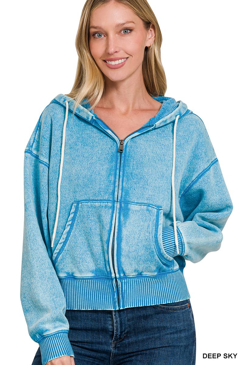 `Acid Wash Fleece Cropped Zip Up Hoodie - Zenana