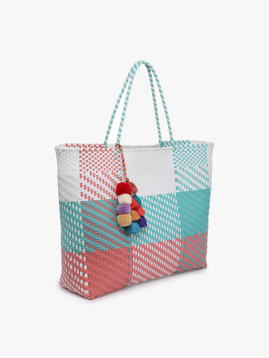 M2069 Allie XL Woven Tote w/ Pom-Poms