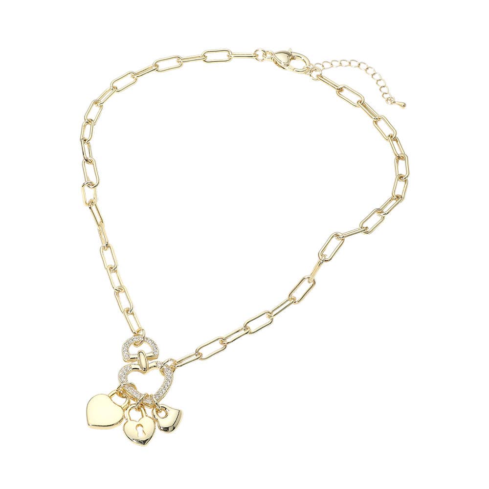 14K Gold Plated CZ Pave Heart Ring Triple Padlock Charm Pendant Paperclip Chain Necklace