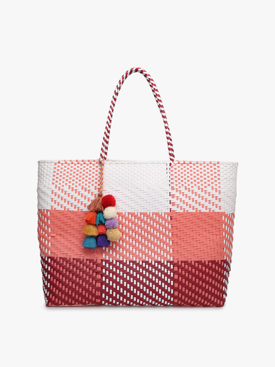 M2069 Allie XL Woven Tote w/ Pom-Poms