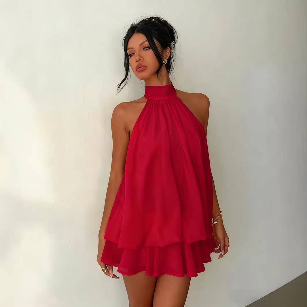 Sexy backless neck-baring puff-sleeved dress