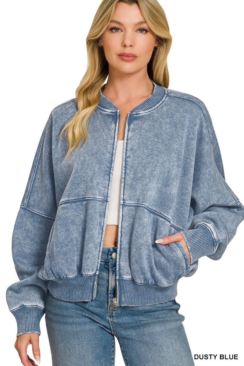 Washed Fleece Bomber Jacket Zenana