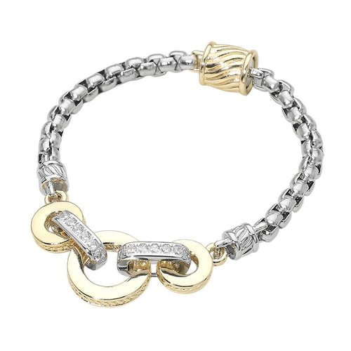 14K Gold Plated Two Tone Triple Ring CZ Pave Link Magnetic Bracelet