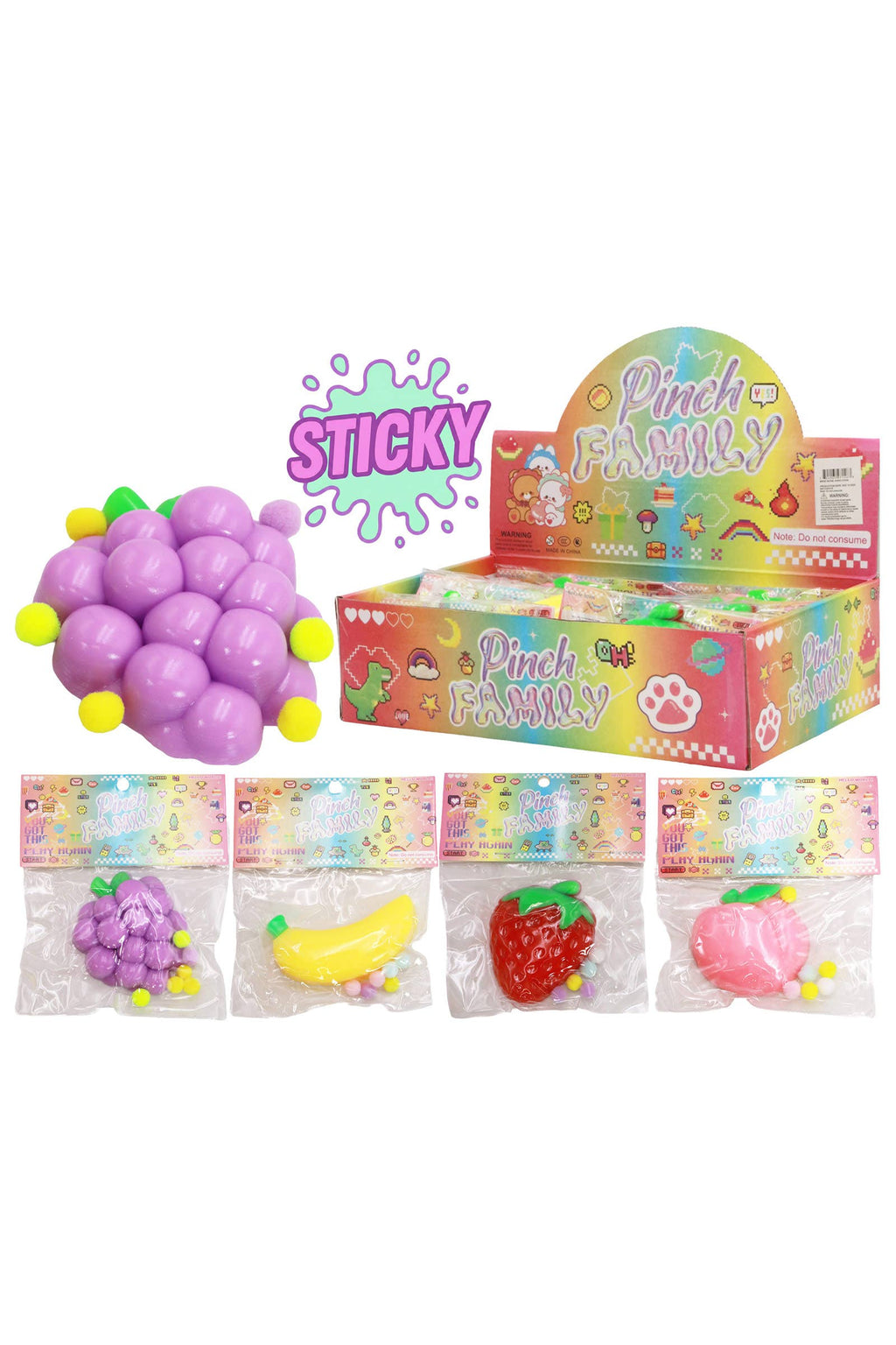 Fruit Sticky Mochi Glitter Pom Pom Squishy Bag - 12 Pcs