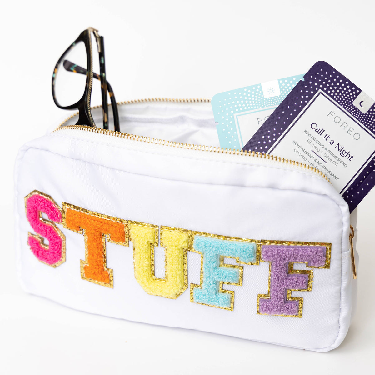 Preppy Nylon Chenille Letter Travel Makeup Pouch - STUFF
