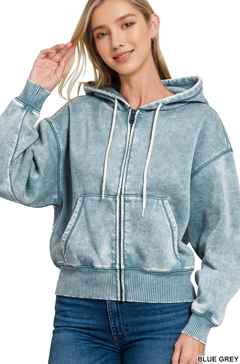 Acid Wash Fleece Cropped Zip Up Hoodie - Zenana