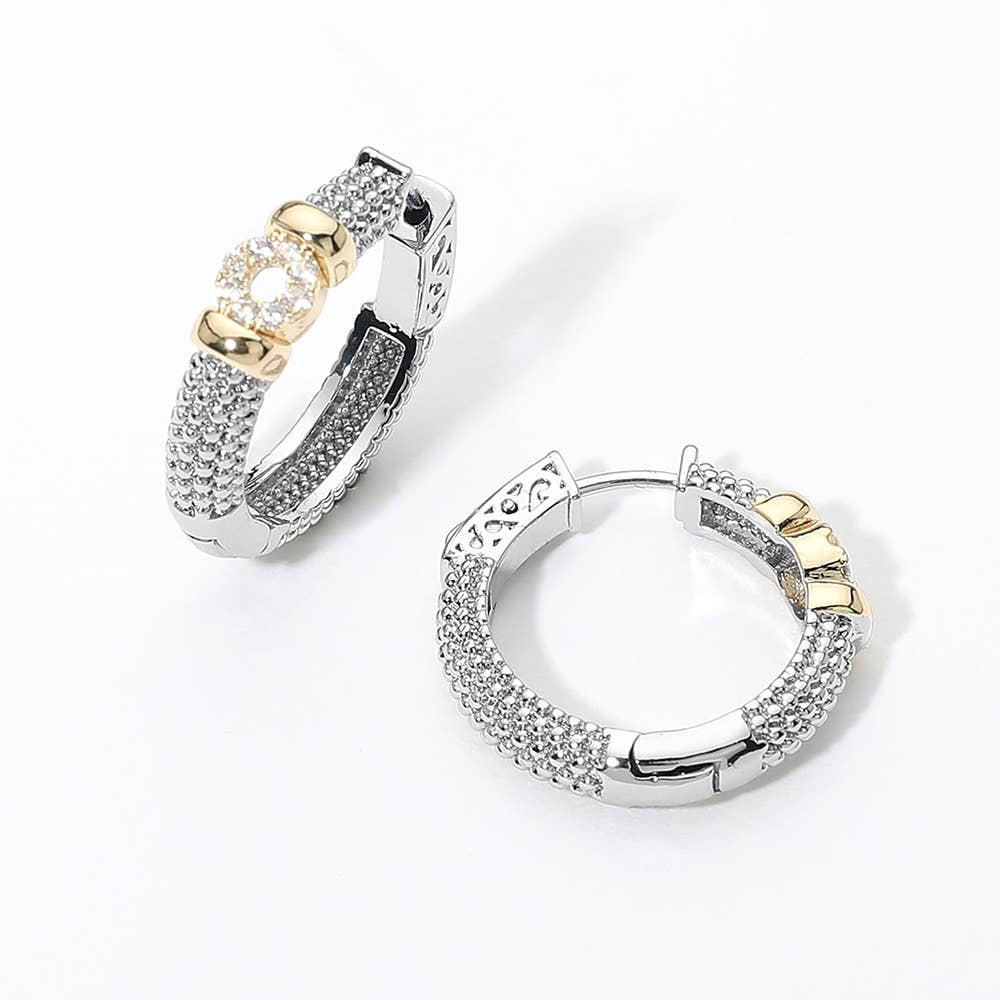 14K Gold Plated Two Tone CZ Pave Huggie Hoop Earrings