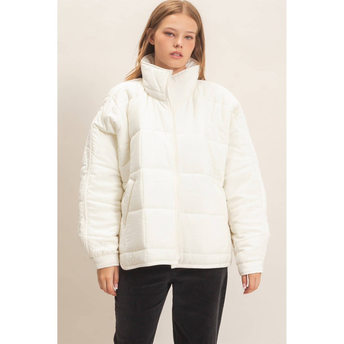 Quilted Mock Neck Zip-Up Puffer Jacket