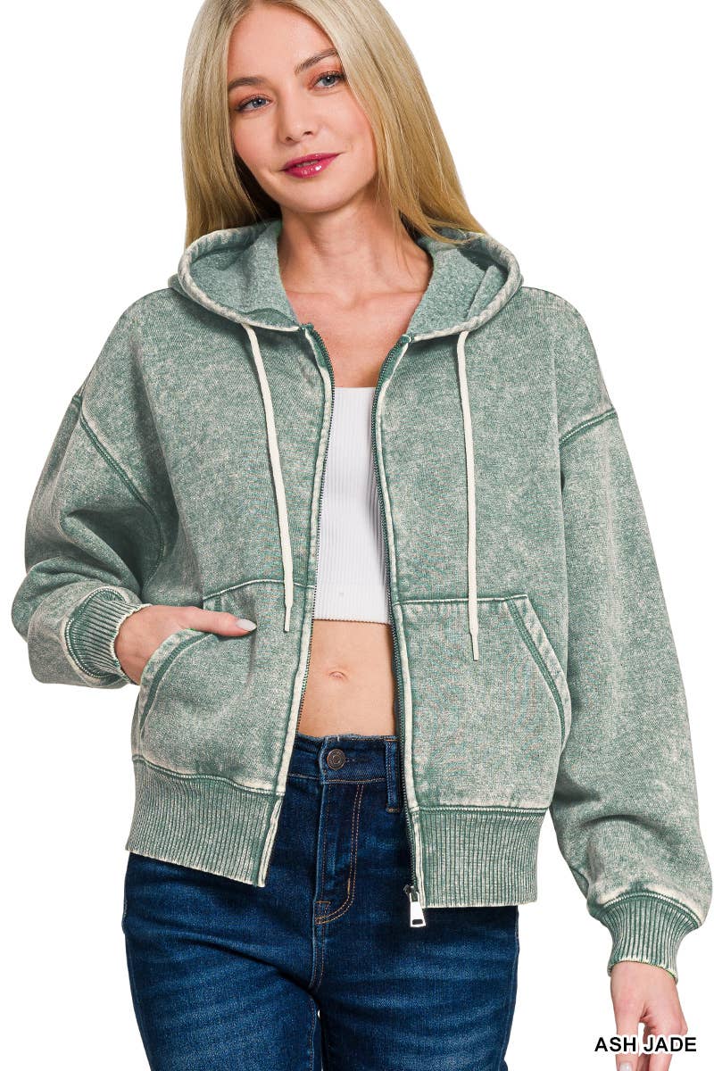 `Acid Wash Fleece Cropped Zip Up Hoodie - Zenana