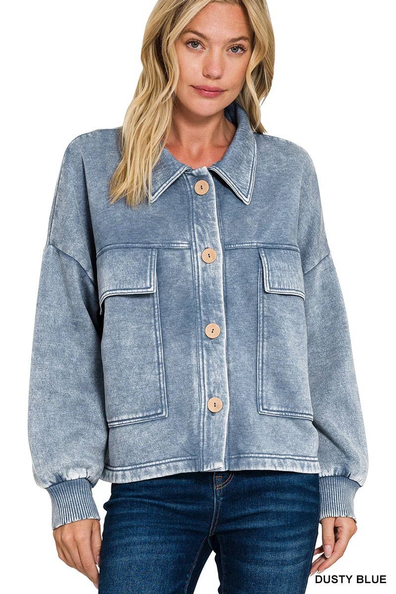 Acid Washed Fleece Front Pocket Cropped Shacket
