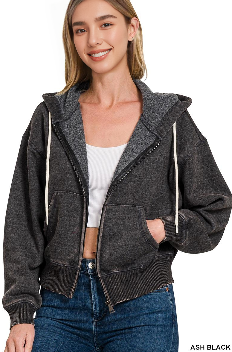 `Acid Wash Fleece Cropped Zip Up Hoodie - Zenana