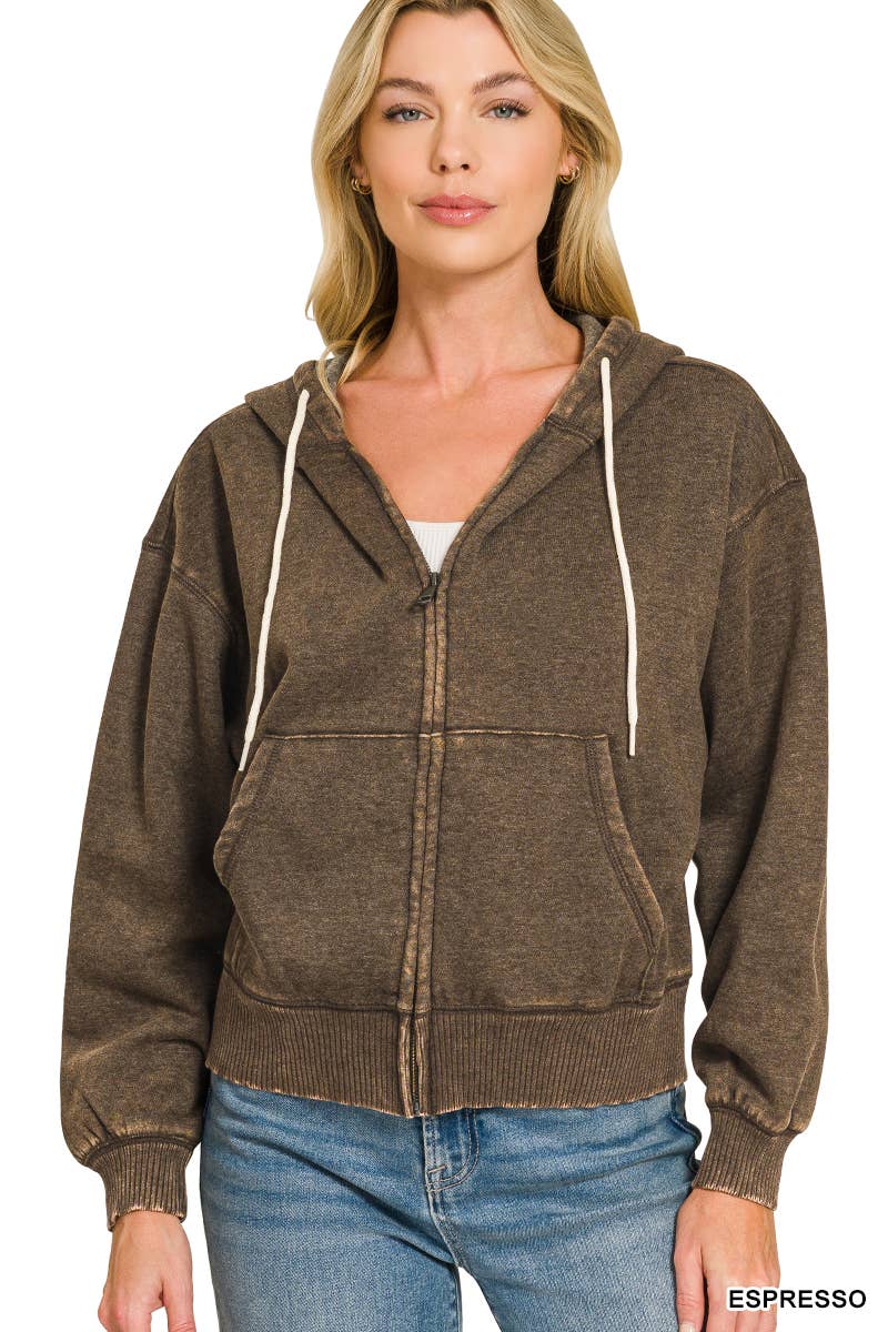 Acid Wash Fleece Cropped Zip Up Hoodie - Zenana