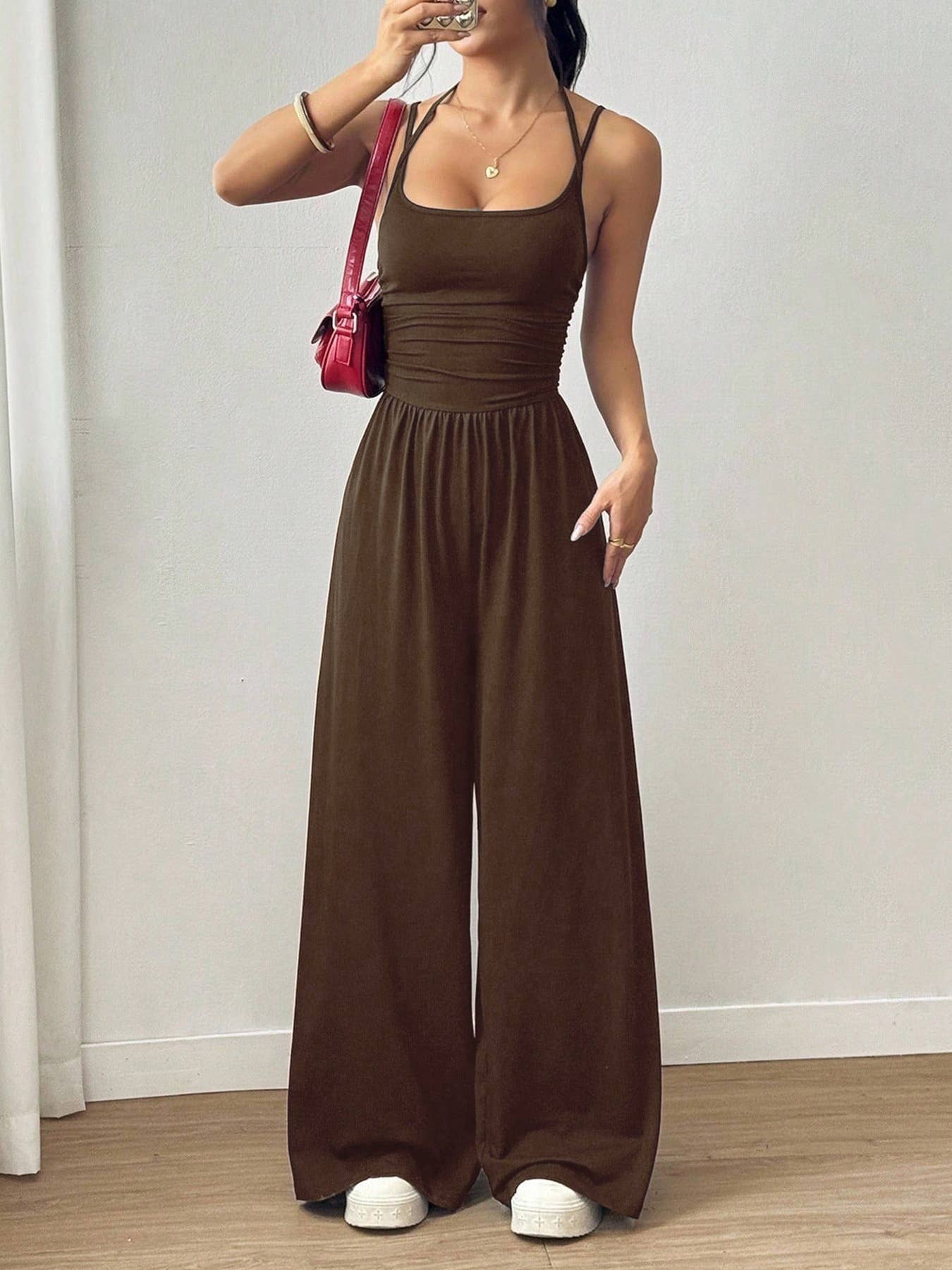 Casual wrap chest wide leg loose jumpsuit