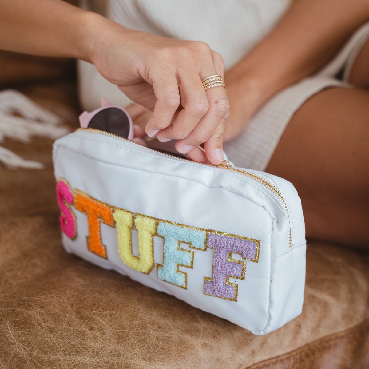 Preppy Nylon Chenille Letter Travel Makeup Pouch - STUFF