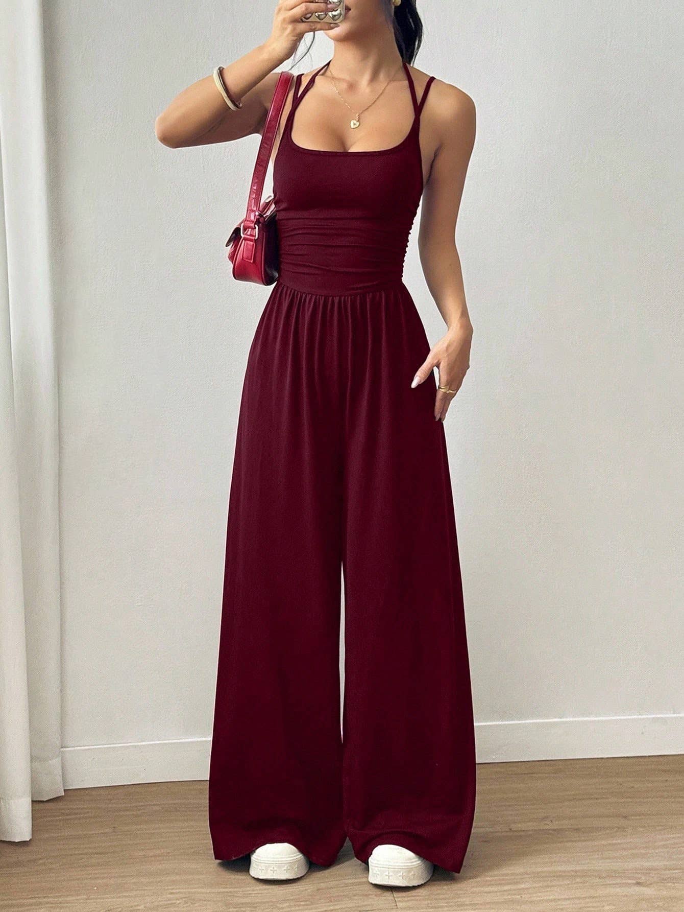Casual wrap chest wide leg loose jumpsuit