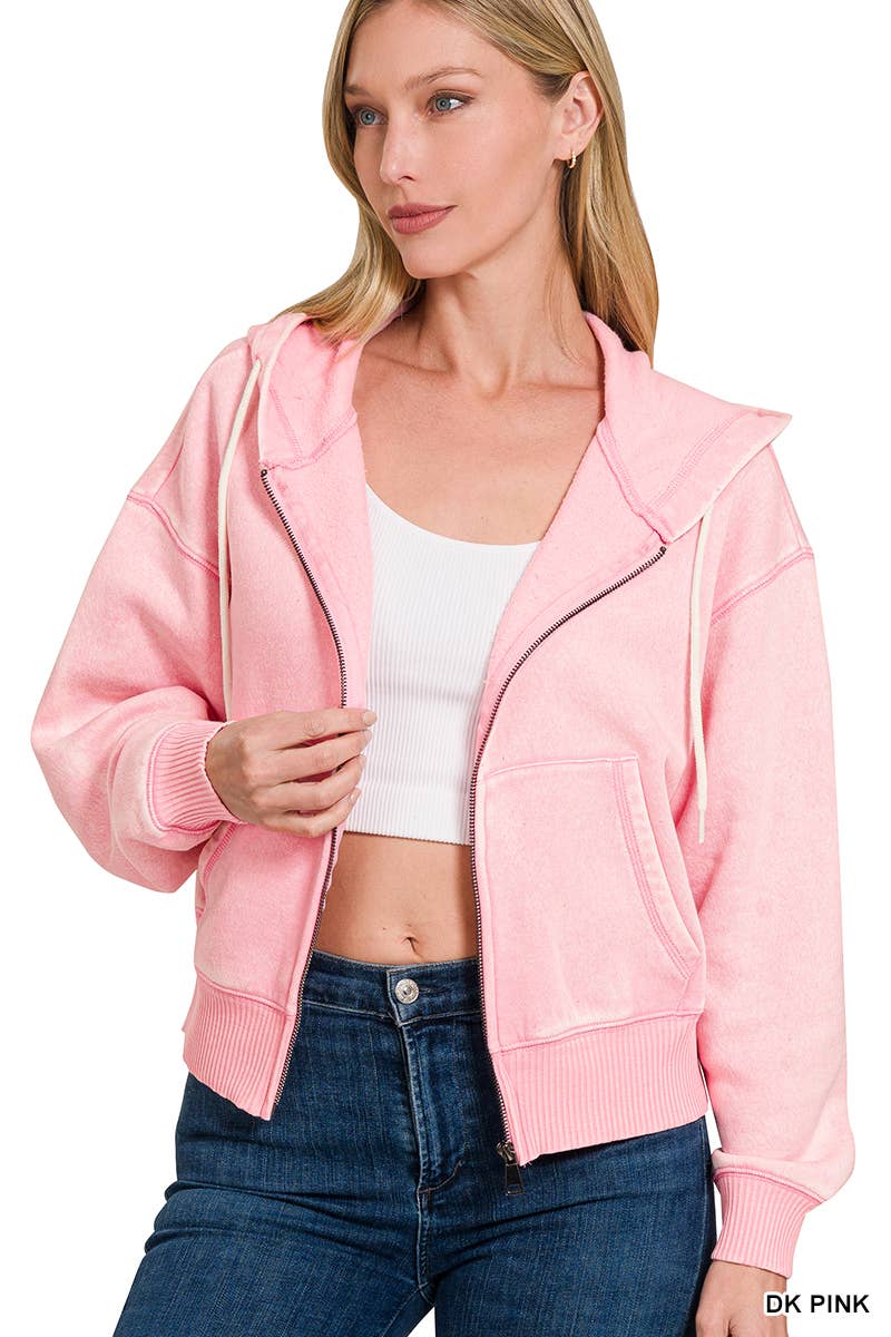 Acid Wash Fleece Cropped Zip Up Hoodie - Zenana