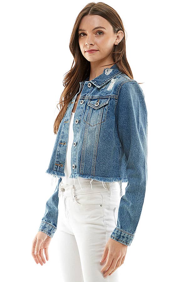 Ladies'  Cropcut Denim Jacket with Distressed, JK-4010