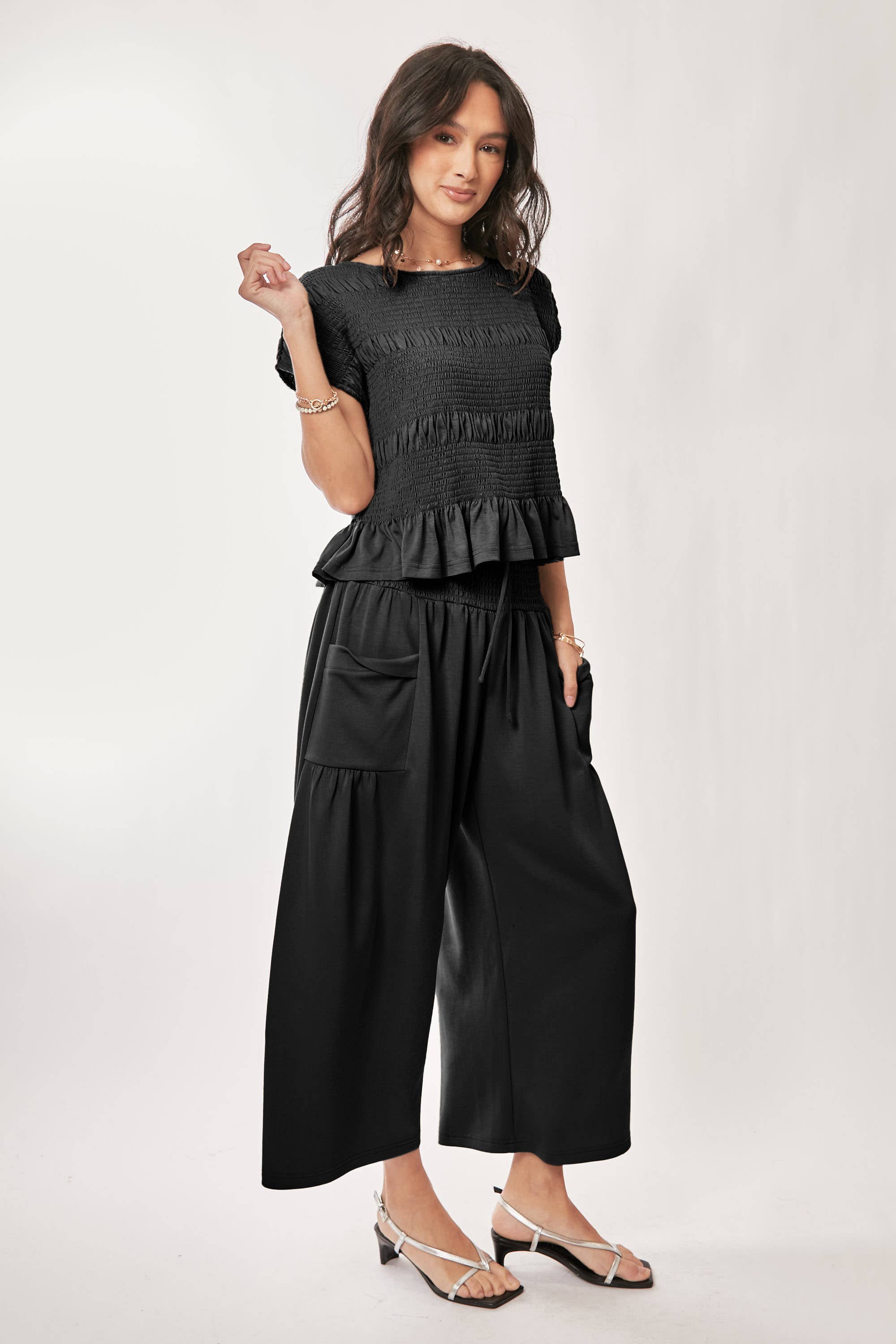 DETP40227-UFFLE CAP SLEEVE TOP AND WAISTBAND PANTS SET