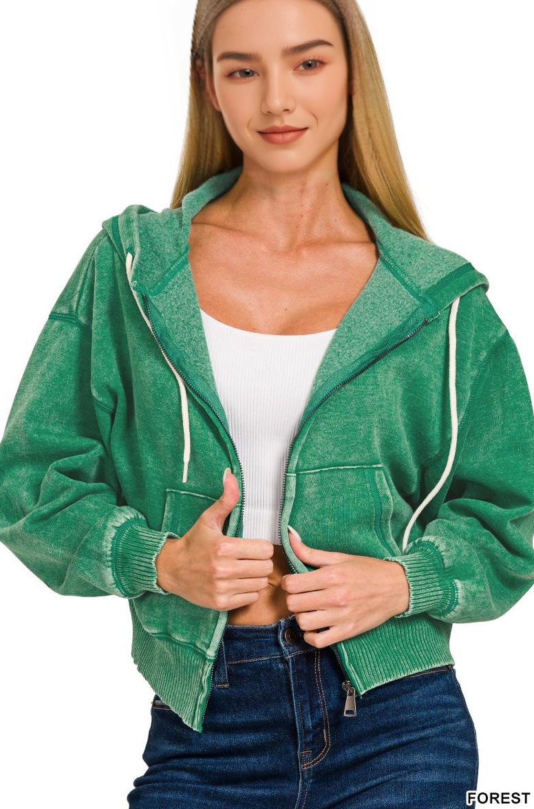 `Acid Wash Fleece Cropped Zip Up Hoodie - Zenana
