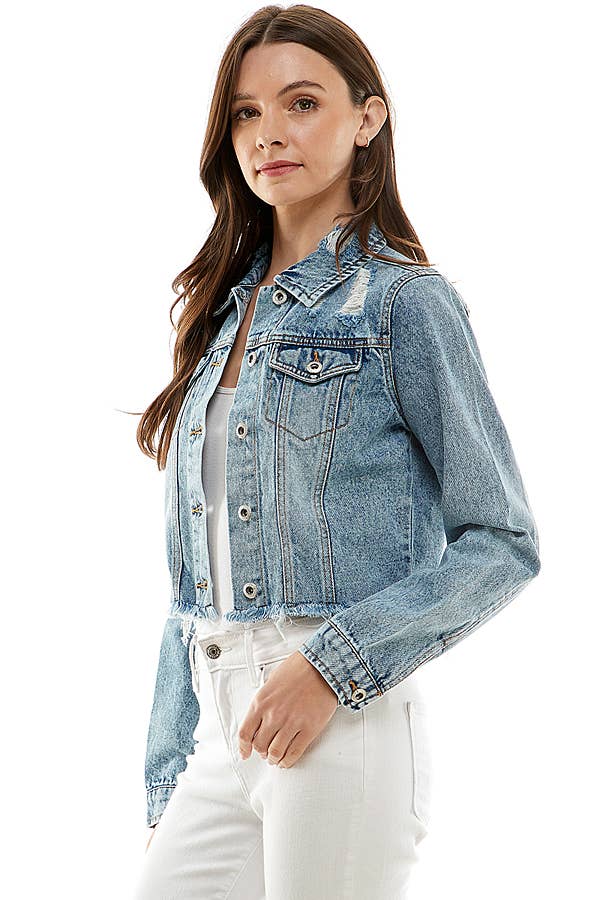Ladies'  Cropcut Denim Jacket with Distressed, JK-4010