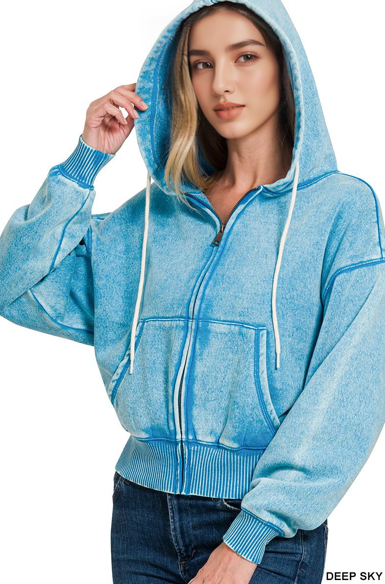 Acid Wash Fleece Cropped Zip Up Hoodie - Zenana