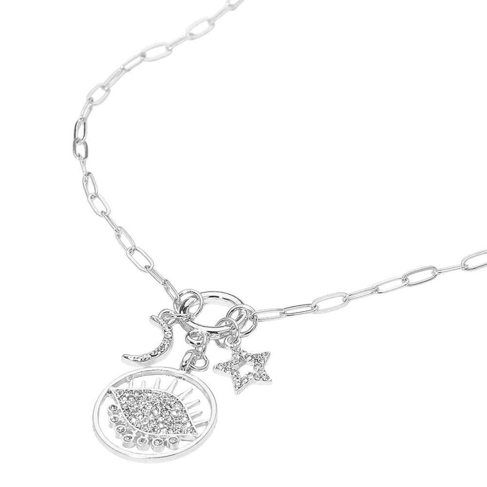 Stone Paved Moon and Star Evil Eye Celestial Charm Pendant Necklace