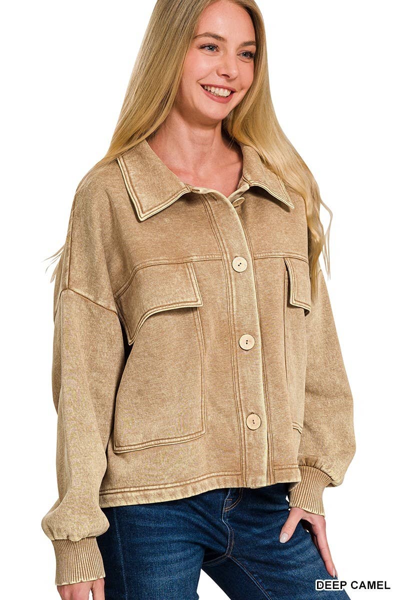 Acid Washed Fleece Front Pocket Cropped Shacket