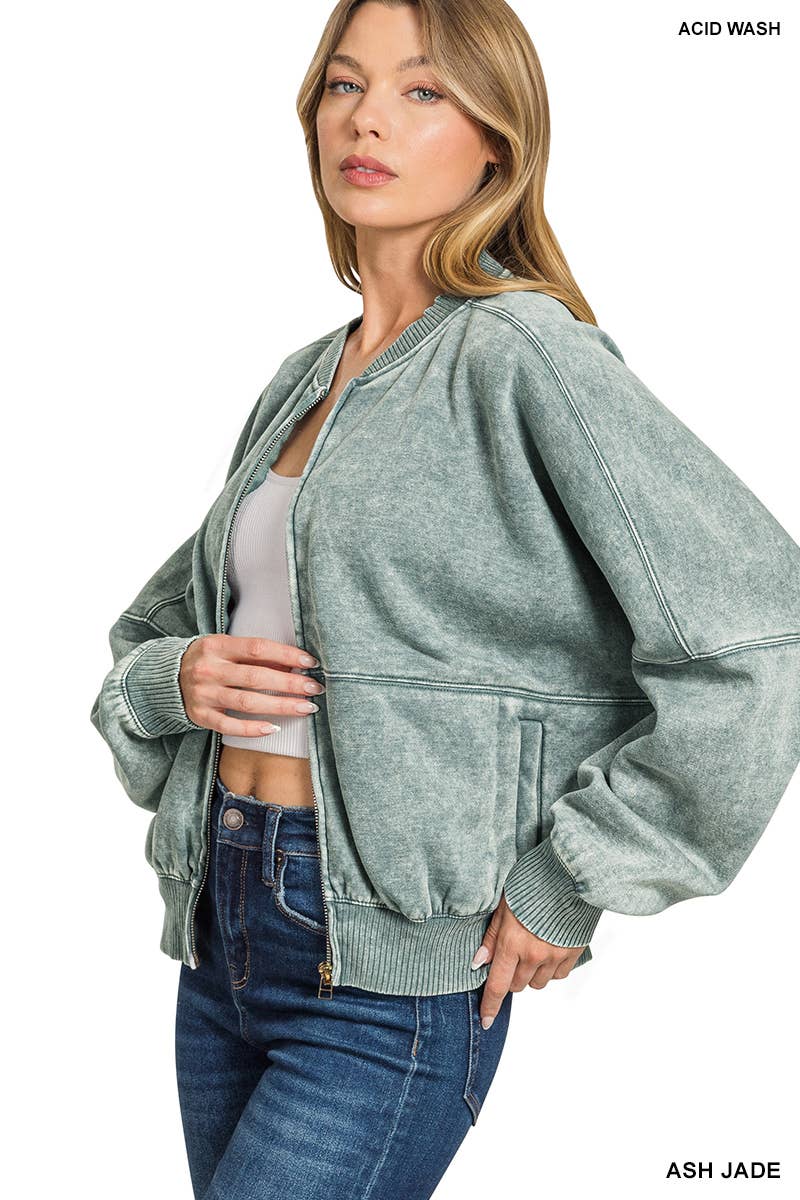 Washed Fleece Bomber Jacket Zenana
